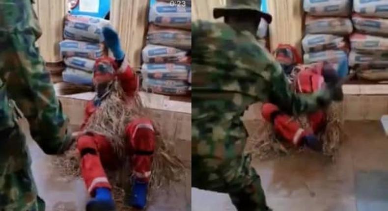 Fearless soldier’s beatings forces masquerade to speak and plead for mercy (video)