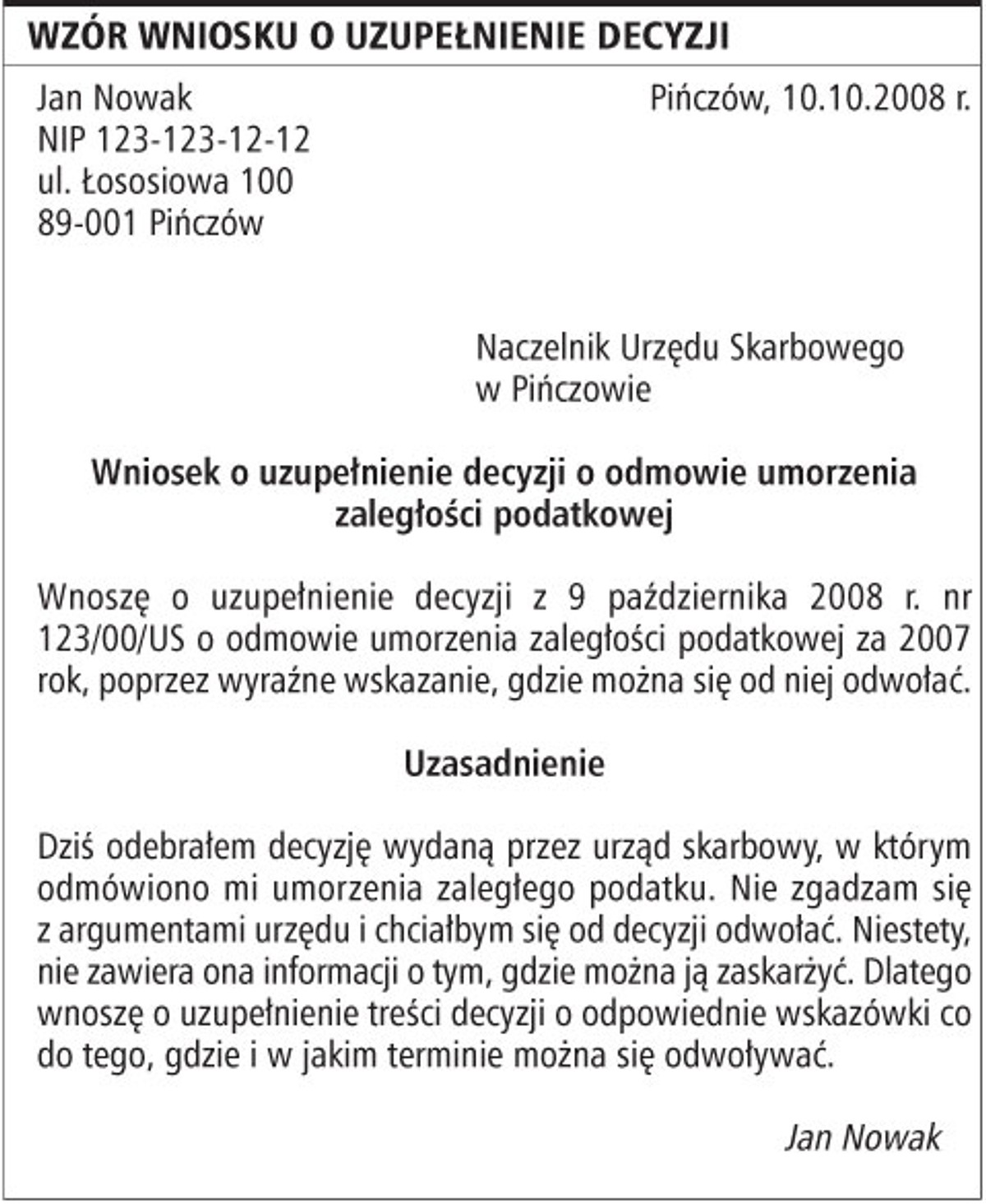 Wzór wniosku o uzupełnienie decyzji