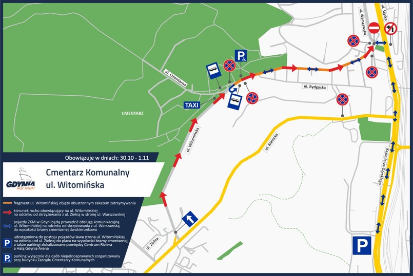 Mapa zmian w organizacji ruchu na ulicy Witomińskiej