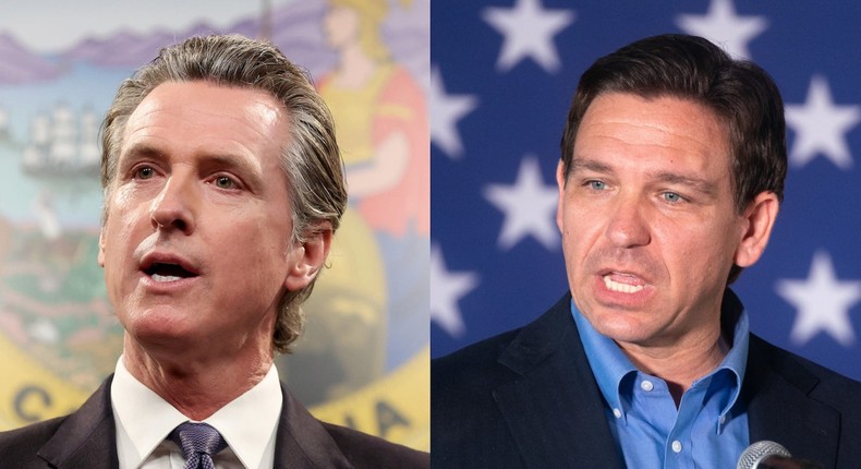 Democratic Gov. Gavin Newsom of California and Republican Gov. Ron DeSantis of Florida.Justin Sullivan/Getty Images and Sean Rayford/Getty Images