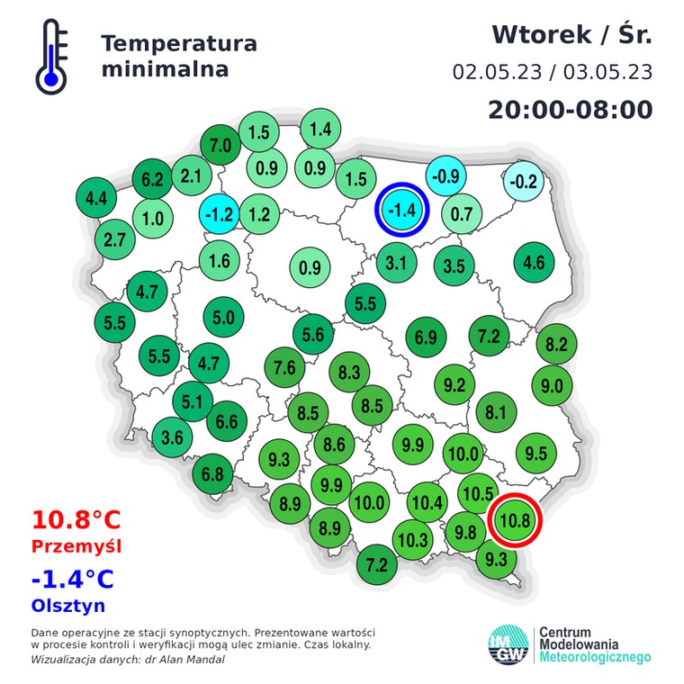 W nocy z wtorku/środę na północy Polski miejscami temperatura spadła poniżej 0 st. C a najzimniej było w Olsztynie