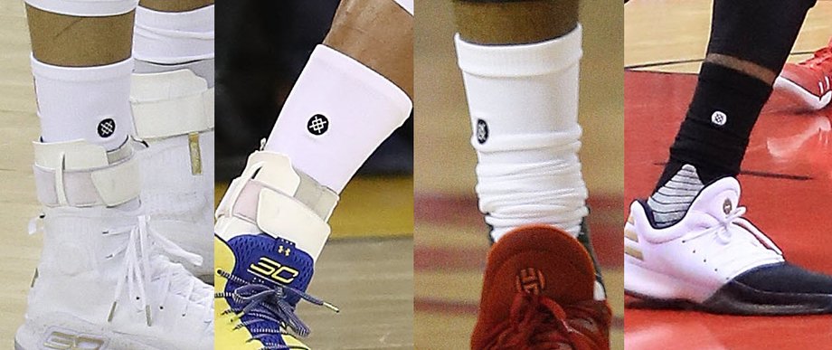 Socks during 2016-2017 season as worn by Curry (two on left) and Harden (two on right).