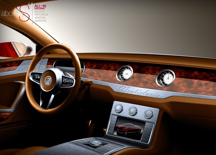 Wnętrze nowej warszawy. Symbol orła na kierownicy. Nawiewy powietrza jak w legendarnej warszawie 223. 'Wratislavia' to wersja auta.