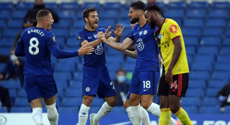 Olivier Giroud (second right) celebrates opening the scoring for Chelsea