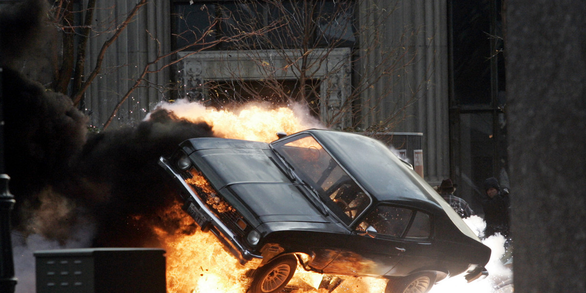 A car blows up on the set of "Red Dawn" in Detroit, Michigan, October 19, 2009.