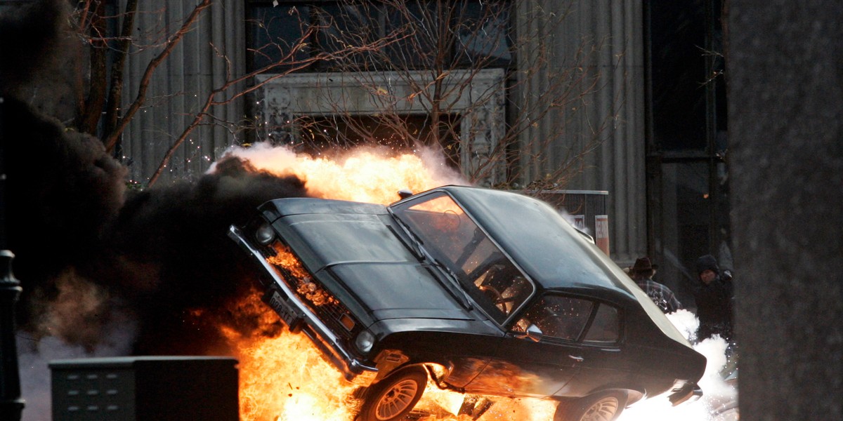 A car blows up on the set of "Red Dawn" in Detroit, Michigan, October 19, 2009.