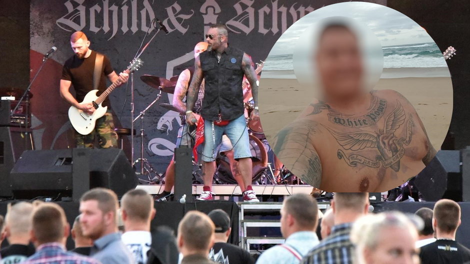 Grzegorz J., wokalista neonazistowskiego Legionu Twierdzy Wrocław (w środku na scenie z mikrofonem) oraz Marek B., członek Club 28 (w kółku na tle plaży)