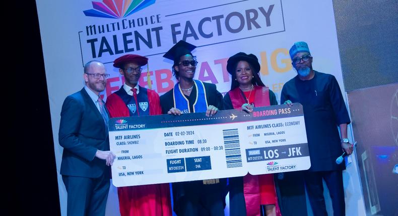 Caption From left: Consular General US Consulate, Lagos, Mr Will Stevens; Dean, School of Media and Communications, Pan-Atlantic University Dr. Ikechukwu Obiaya; best graduating student MultiChoiceTalentFactory class of 2023, Samuel Ogundeyi; Academy Director West Africa MultiChoice Talent Factory, Atinuke Babatunde and CEO, West Africa, MultiChoice, Mr. John Ugbe, at the MultiChoice Talent Factory class of 2023 graduation ceremony in Lagos
