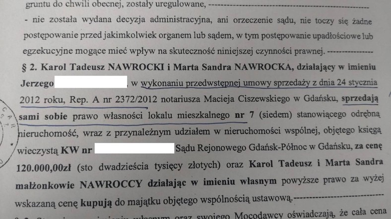 Fragment aktu notarialnego umowy sprzedaży mieszkania należącego do Jerzego Ż. jaką Nawroccy zawarli sami ze sobą