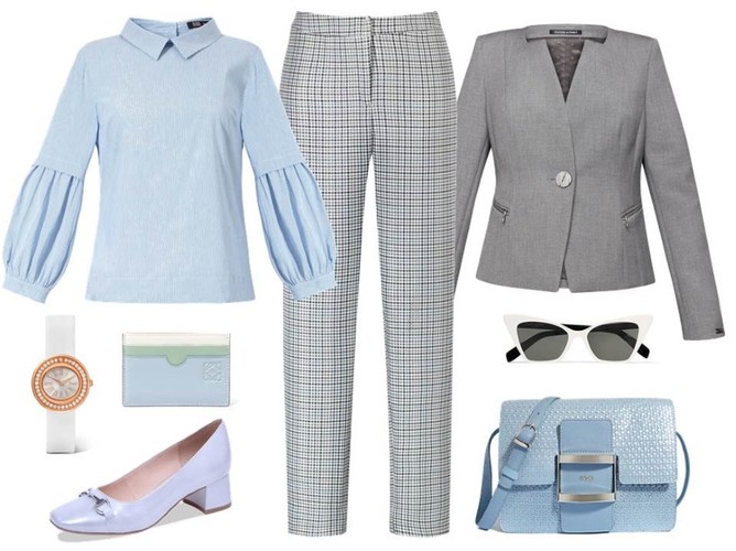 STYLIZACJE do biura na lato: bluzka, spodnie-Midori Feminie Fashion/midori.pl, żakiet-Dziekański/dziekański.pl, buty-Caprice/caprice.pl, torebka-Boca/boca.pl, dodatki-TK Maxx