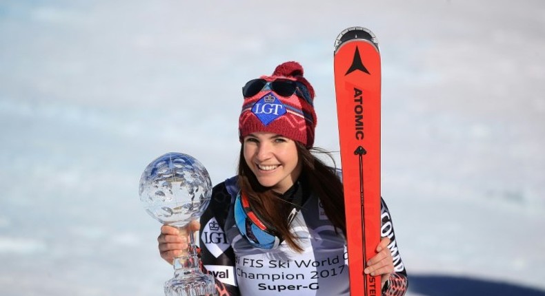 Tina Weirather of Liechtenstein smiles with the globe for winning the overall title for the ladies' Super-G following the ladies' Super-G during the Audi FIS Ski World Cup Finals at Aspen Mountain on March 16, 2017 in Aspen, Colorado