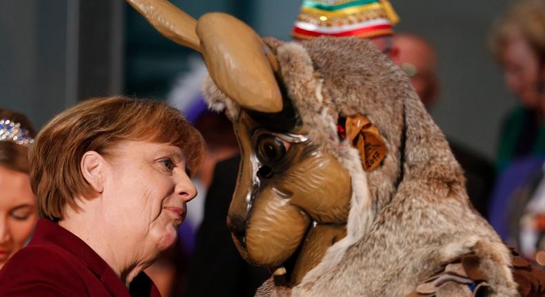 German Chancellor Angela Merkel at a reception of German carnival societies at the Chancellery in Berlin.