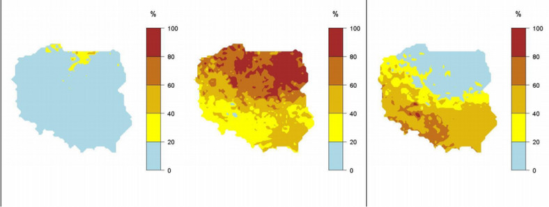 Prawdopodobieństwo wystąpienia kolejno klas „poniżej normy”, „w normie” i „powyżej normy”dla średniej temperatury powietrza w lipcu 2020 r. (model klasyfikatora Bayesa)