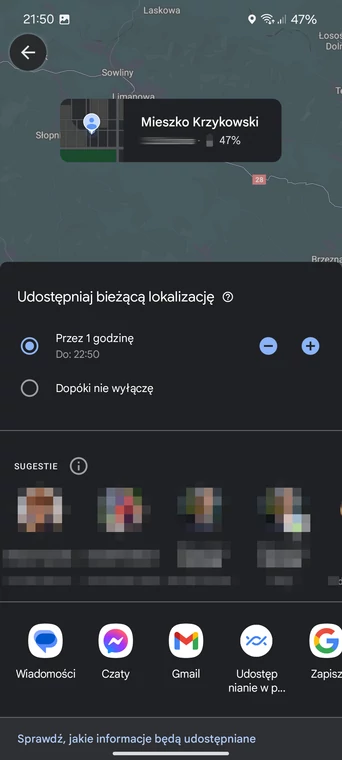 Udostępnianie bieżącej lokalizacji w Mapach Google.