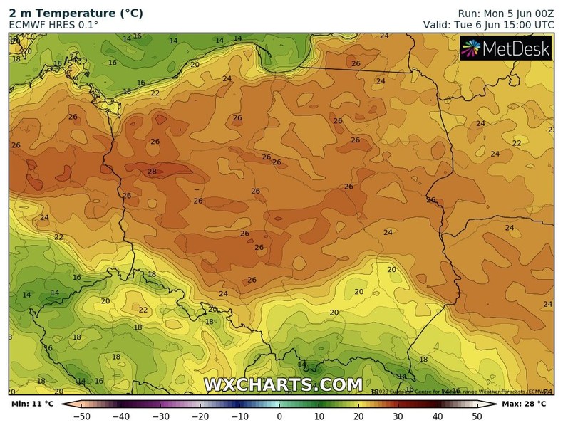 We wtorek na przeważającym obszarze temperatura sięgnie 26-28 st. C