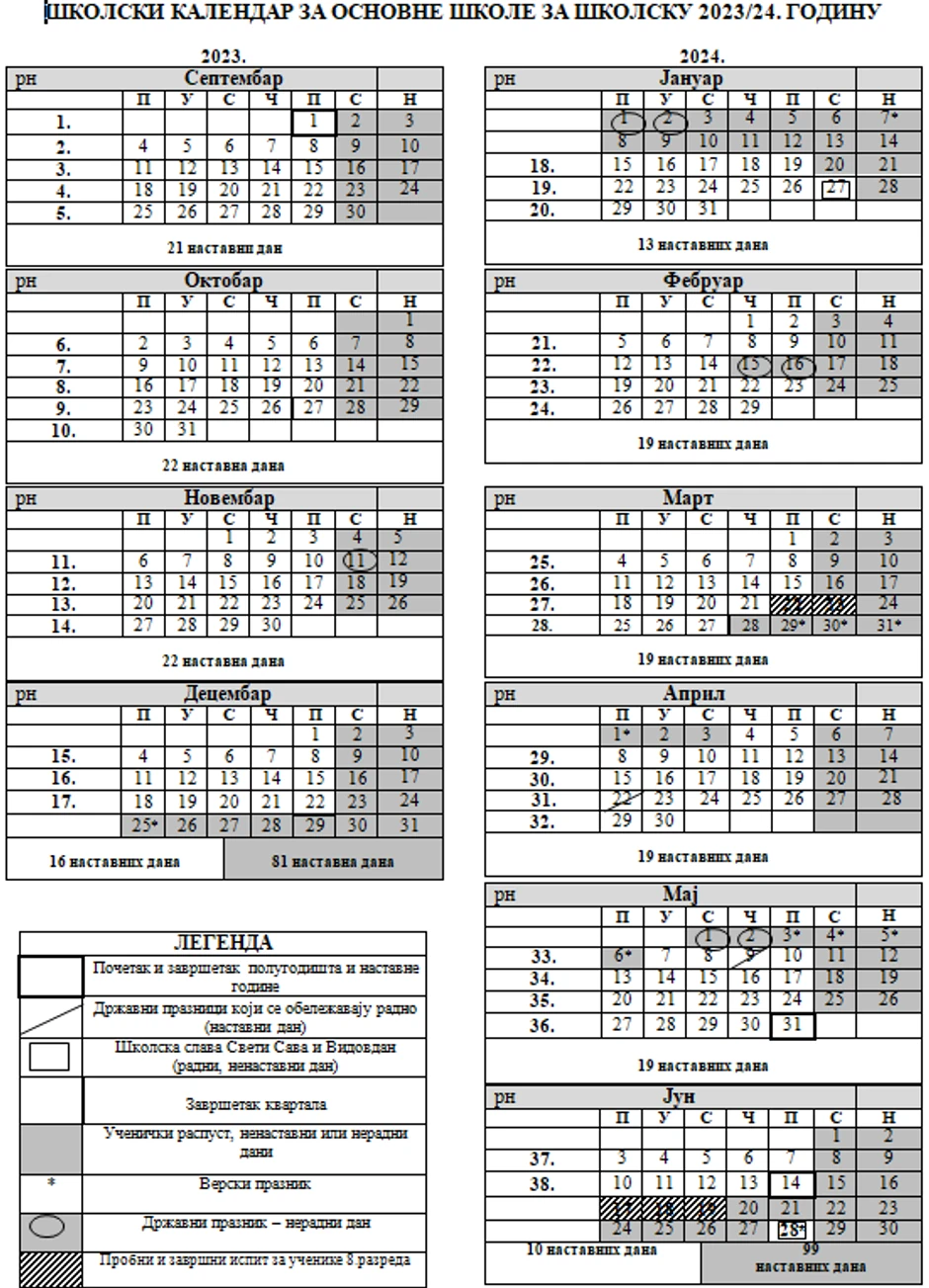 Školski kalendar za osnovne škole za Vojvodina za školsku 2023/24. godinu