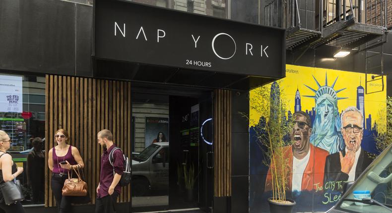 Located in Manhattan's bustling Midtown neighborhood, Nap York calls itself your 24/7 oasis in the middle of the Concrete Jungle. When I got there, I tried to peer in the windows, but they were obscured by dark curtains.