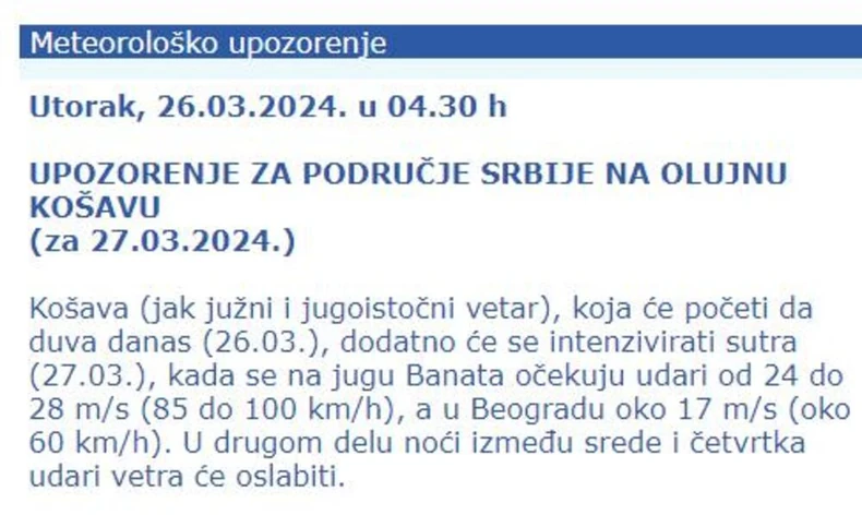 Upozorenje RHMZ-a