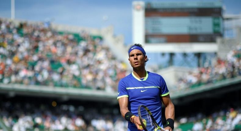 Spain's Rafael Nadal looks on during his tennis match against Netherlands' Robin Haase at the Roland Garros 2017 French Open on May 31, 2017 in Paris