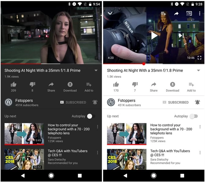 Dark Mode w YouTube na Androida (po lewej)