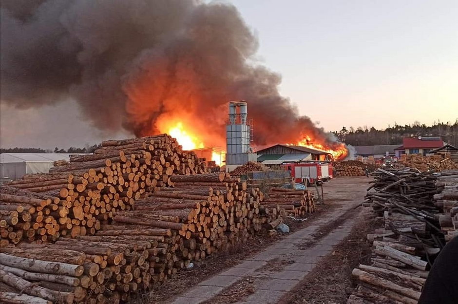 Pożar fabryki drewnianych palet w Pokrzywniakach