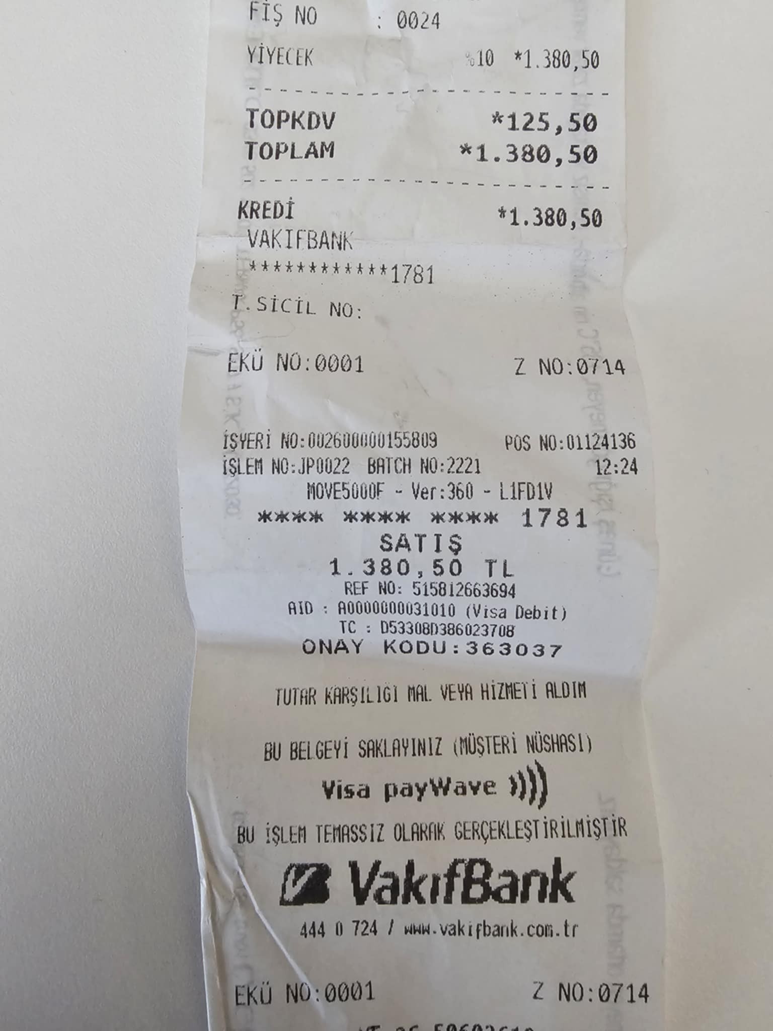 Účet za obed v Istanbule.
