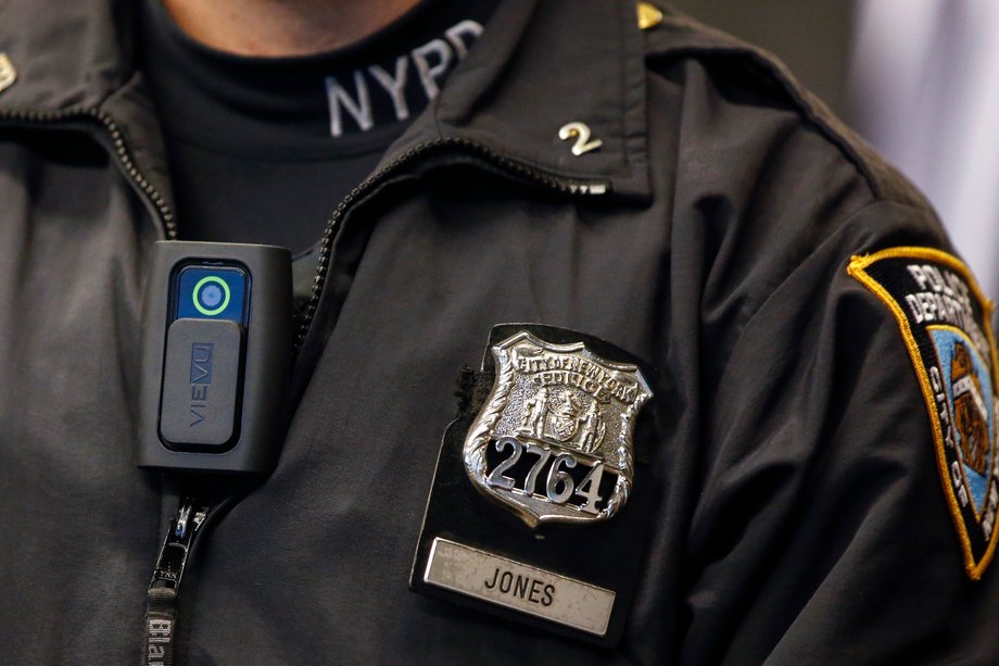 A police body camera on an officer during a news conference on the pilot program involving 60 NYPD officers dubbed "Big Brother" at the NYPD police academy in Queens, New York, December 3, 2014.