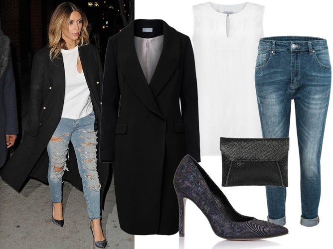 STYLIZACJE inspirowane Kim Kardashian: Płaszcz – White House/whitehouse.sklep.pl, bluzka – Jelonek/jelonek.pl, jeansy – White House/whitehouse.sklep.pl, buty – Gianmarko/gianmarko.com.pl, torebka antbag by ania/antbags.pl