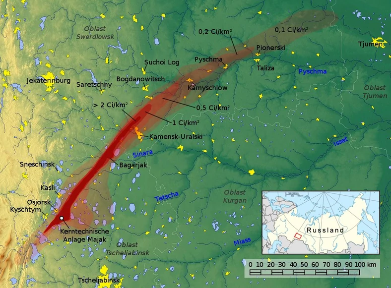 Mapa skażenia wywołanego przez radioaktywną chmurę odpadów - tzw. East Urals Radioactive Trace