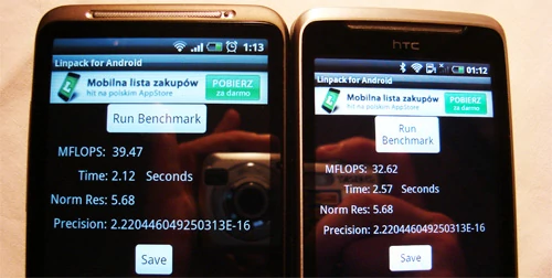 Test aplikacją Linpack dla Androida. Desire HD jest szybszy, co zawdzięcza znacznie wydajniejszemu układowi Snapdragon