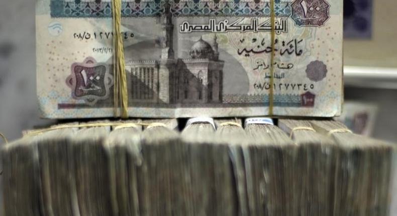 Egypt's pound notes are pictured in stacks of 100 as employees count money at an exchange office in downtown Cairo June 5, 2014.  REUTERS/Amr Abdallah Dalsh