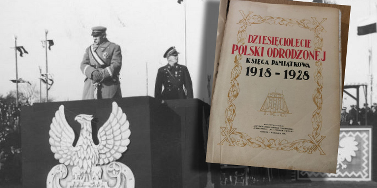 Józef Piłsudski. Święto Niepodległości na Polu Mokotowskim w Warszawie, a po prawej – opisywana książka.
