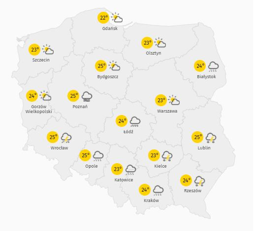 Prognozowana temperatura powietrza na sobotę 26 czerwca 2021 r.