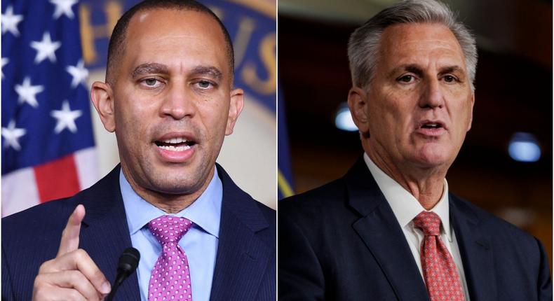 Elon Musk said he met with both House Minority Leader Hakeem Jeffries (D) and Speaker of the House Kevin McCarthy (R).Mandel Ngan/AFP via Getty Images and Samuel Corum/Getty Images