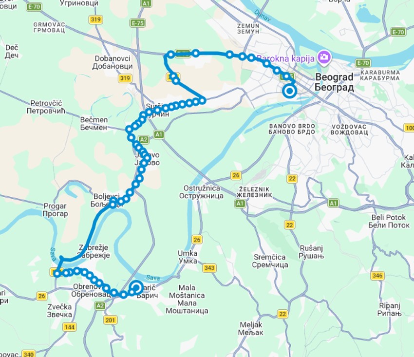 Trasa linije 860I u smeru od aerodroma Nikola Tesla