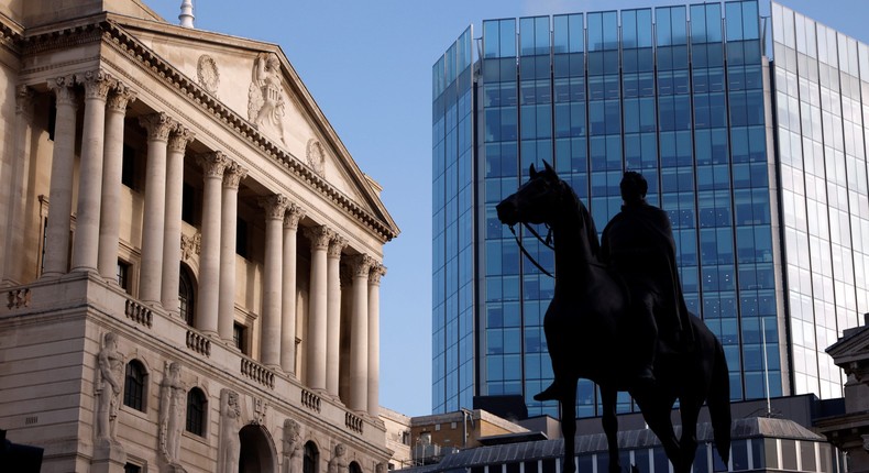 A general view shows The Bank of England in the City of London financial district, amid the outbreak of the coronavirus disease (COVID-19), in London, Britain, November 5, 2020.
