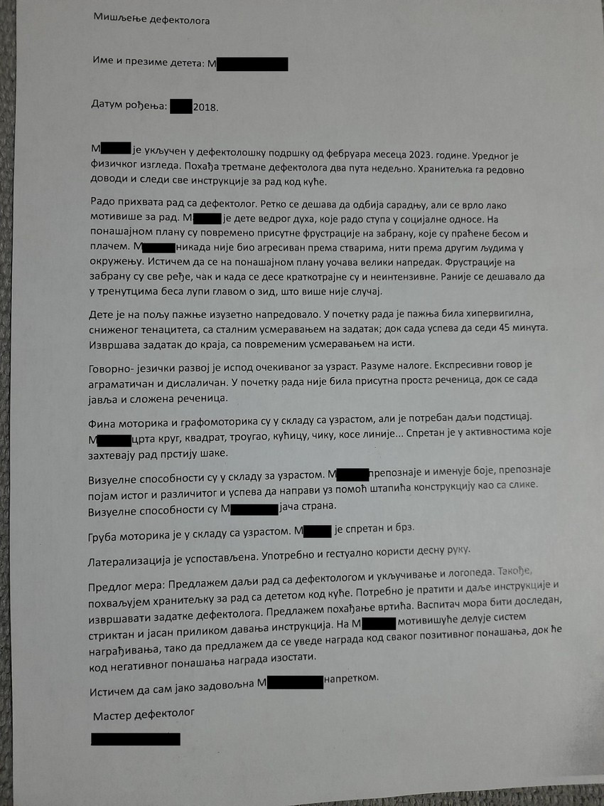 defektološki nalaz za M