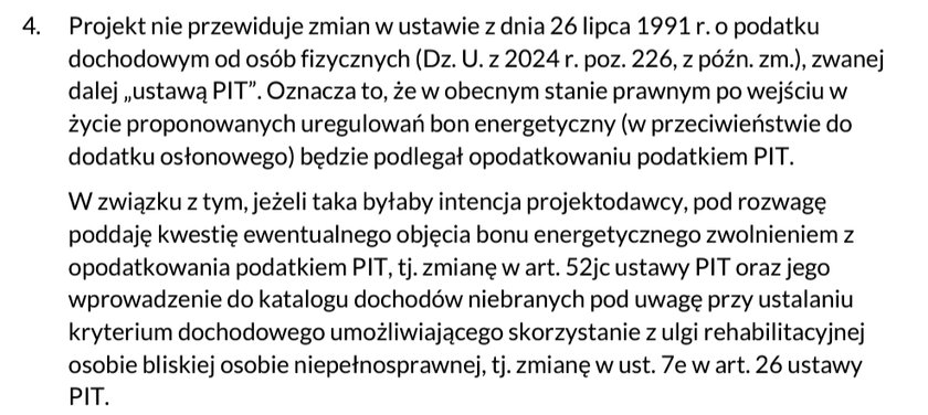 Fragment opinii resortu finansów do projektu ustawy o bonie energetycznym.