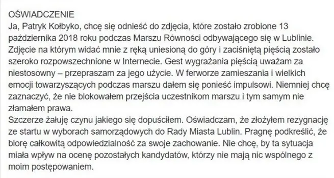 Patryk Kołbyko napisał oświadczenie, które zniknęło z jego profilu na FB