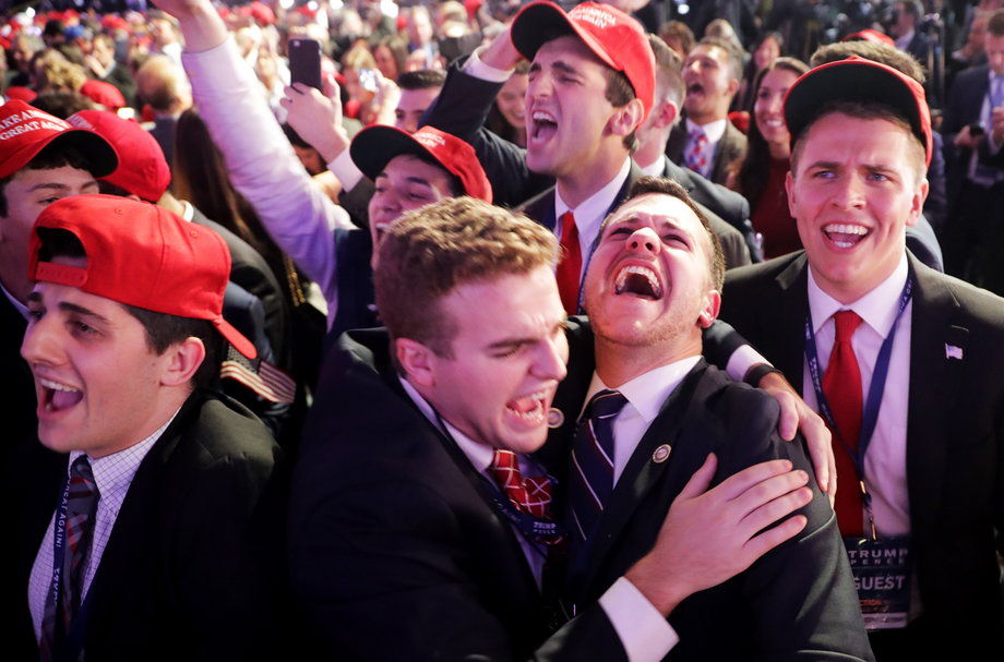 People cheering as voting results for Iowa came in at Republican presidential nominee Donald Trump's election-night event at the New York Hilton Midtown on Tuesday night in New York City.