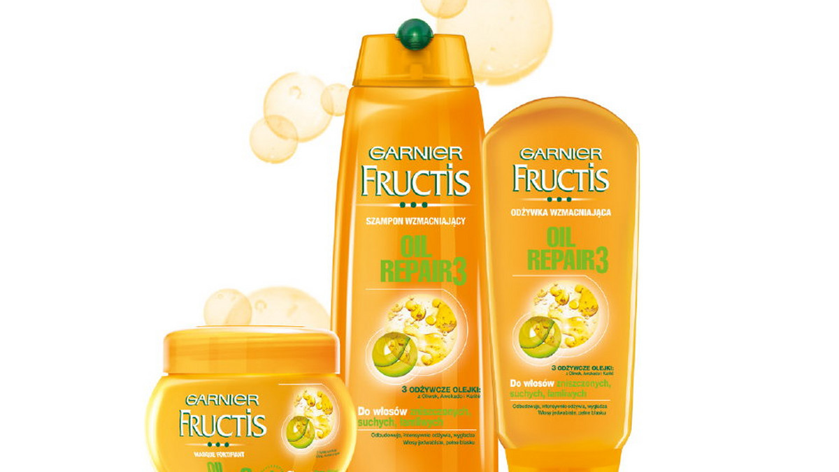 Garnier Fructis Oil Repair 3 to linia preparatów stworzona dla kobiet, które potrzebują odżywienia włosów zniszczonych, suchych i łamliwych. Kosmetyki przeznaczone są do codziennej pielęgnacji włosów. Sposób użycia: nałóż na zwilżone włosy i delikatnie je masuj, następnie spłucz.