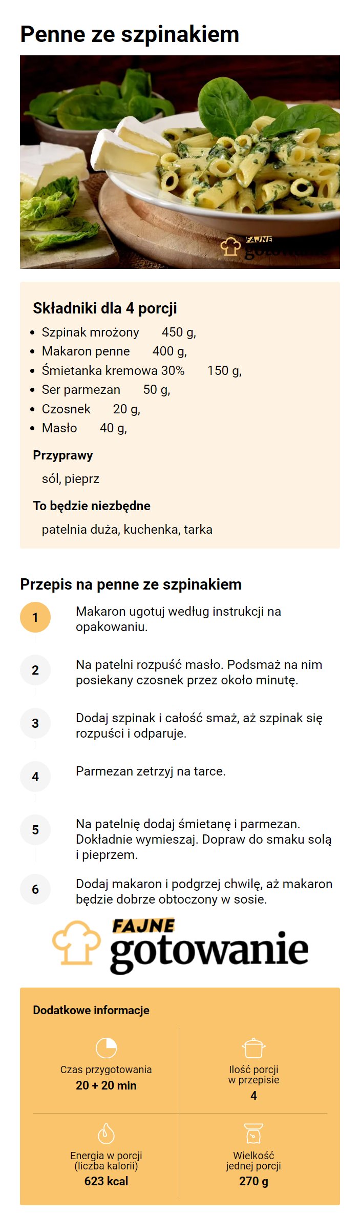 Penne ze szpinakiem