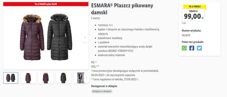 Esmara płaszcz pikowany damski