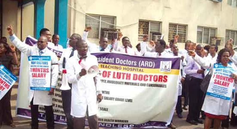 LUTH doctors protest unpaid salary arrears.