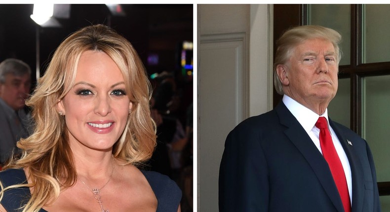 A split image of adult actress Stormy Daniels (left) and former President Donald Trump (right).Ethan Miller/Chip Somodevilla/Getty Images