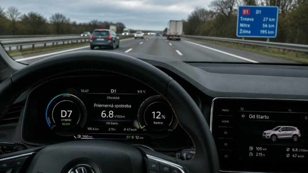 Pohľad na palubnú dosku slovenského plug-in hybridu počas jazdy po diaľnici D1, kde displej palubného počítača ukazuje priemernú spotrebu 6,8 litra na sto kilometrov a hladina nabitia batérie klesla na 12 percent – ilustrácia reálnej spotreby PHEV, ktorá podľa nemeckej štúdie z roku 2026 trojnásobne prekračuje hodnoty deklarované výrobcom podľa cyklu WLTP. 