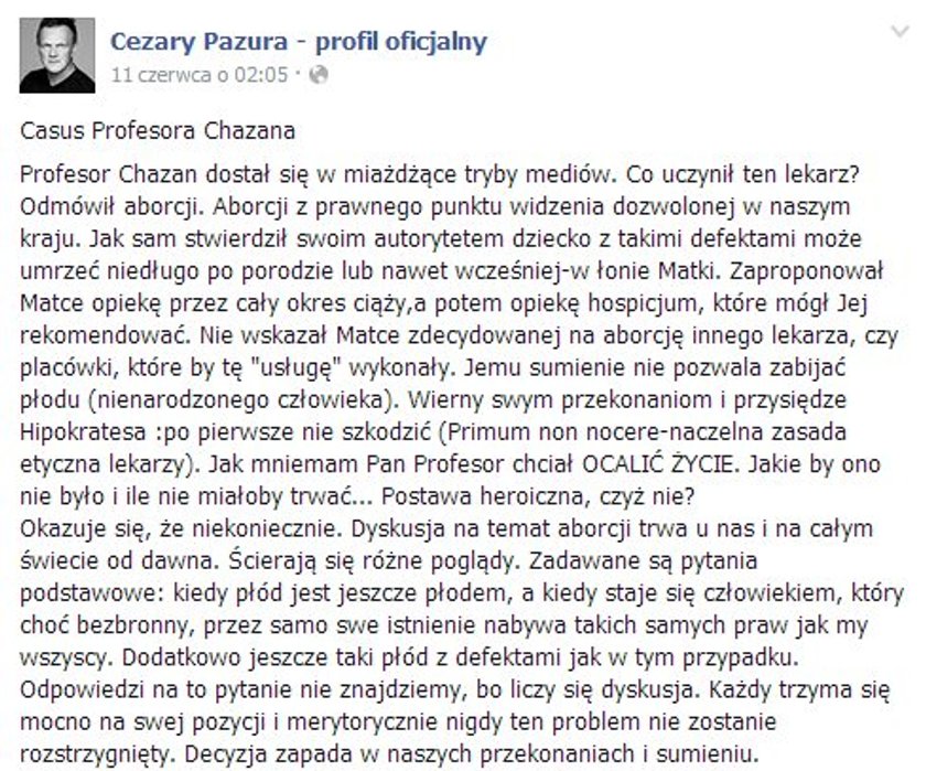 Na swoim Facebooku często zamieszcza obszerne komentarze