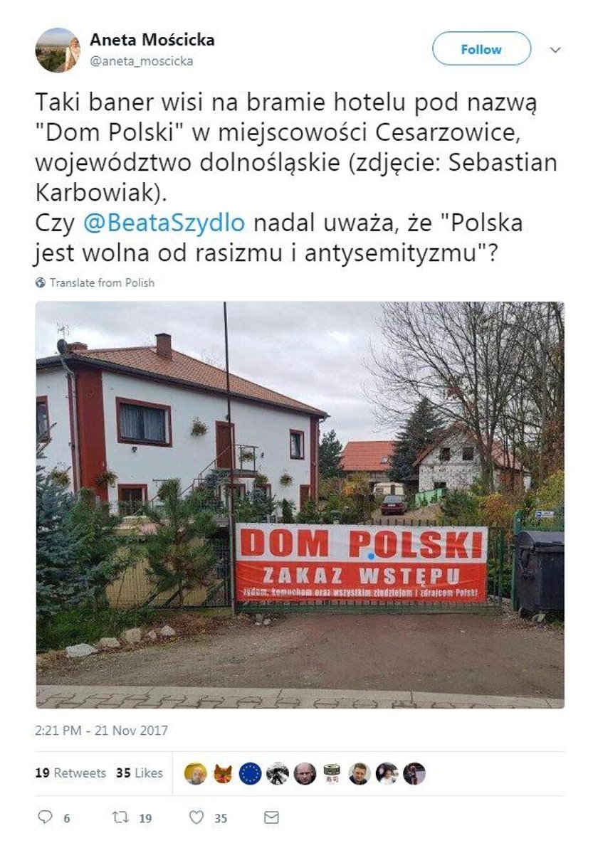 Antysemicki baner na polskim hotelu