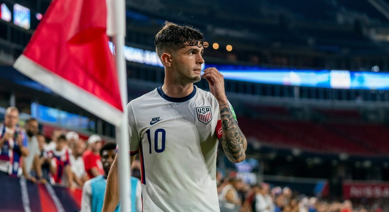 Christian Pulisic, No. 10 of the United States, takes a corner kick during a game between Canada and USMNT at Nissan Stadium on September 5, 2021, in Nashville, Tennessee.Brad Smith/ISI Photos/Getty Images