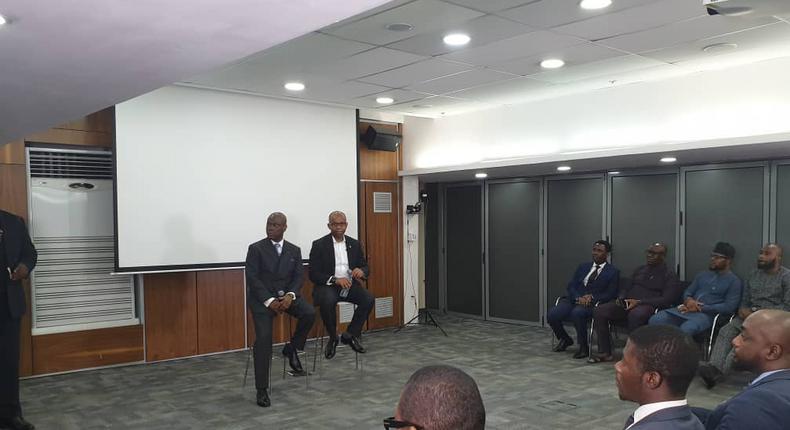 Herbert Wigwe, Access bank CEo and Uzoma_Dozie, Diamond bank CEO at an interview session on Wednesday, January 16, 2019 (Twitter/Diamond Bank) 